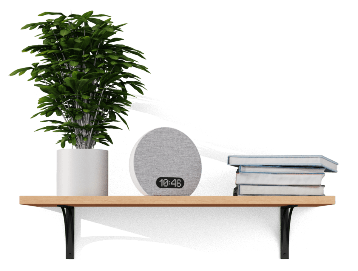 Wooden shelf with Alba Rise alarm clock, plant, and books
